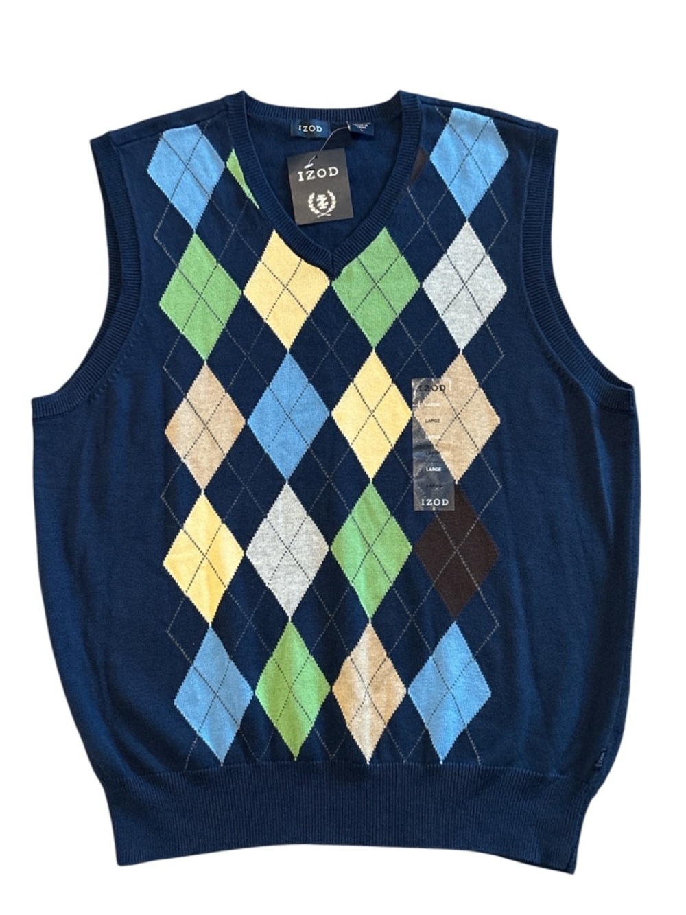 Izod >Navy Argyle V-Neck Sweater Vest w/ Blue Green Yellow Diamonds Men’s Sz Lrg